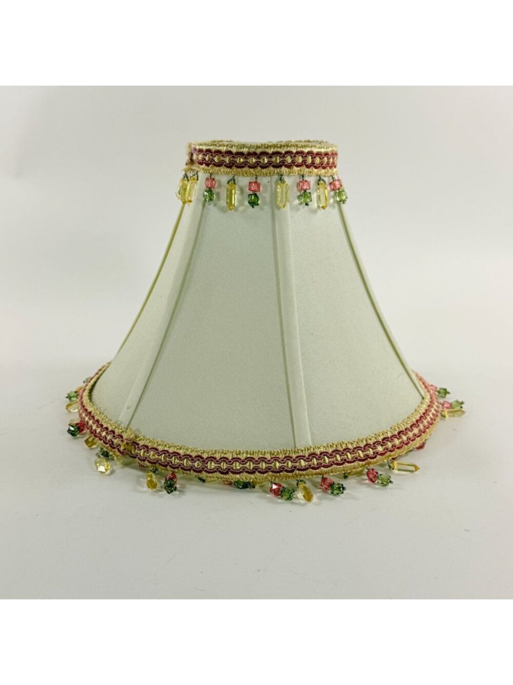 Vintage Beige Beaded Lamp Shade Pink Green Crystal Fringe Victorian Boho Decor